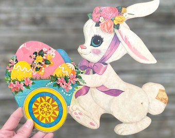 Vintage Diecut Easter Bunny Decoration - Die Cut Easter Decor - One-Sided Paper Die Cut - Retro Bunny with Wagon Full of Easter Eggs