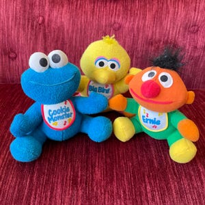 Three Vintage 1997 Tyco Sesame Street Stuffies - Jim Henson Productions - Ernie, Cookie Monster and Big Bird - Soft Musical Pals NON-WORKING