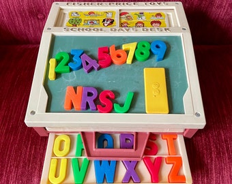 Vintage 1972 Fisher Price Toys School Days Desk with Magnetic Letters and Learning Cards - Play Desk - Fisher Price Aphabet and Numbers