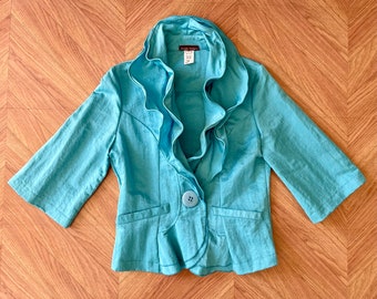 Vintage Aqua Ruffle Collar Jacket - Womens Size Small - Single Button - Wire Double Ruffle Collar - 90s 2000s 3/4 Bell Sleeve Nylon Jacket