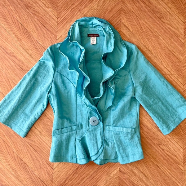 Vintage Aqua Ruffle Collar Jacket - Womens Size Small - Single Button - Wire Double Ruffle Collar - 90s 2000s 3/4 Bell Sleeve Nylon Jacket