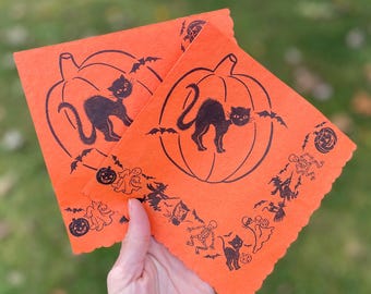 Two Vintage Crepe Paper Halloween Napkins - Vintage Paper - Black Cat and Bats, Jack o’Lantern  - Midcentury Halloween Orange Scalloped Edge