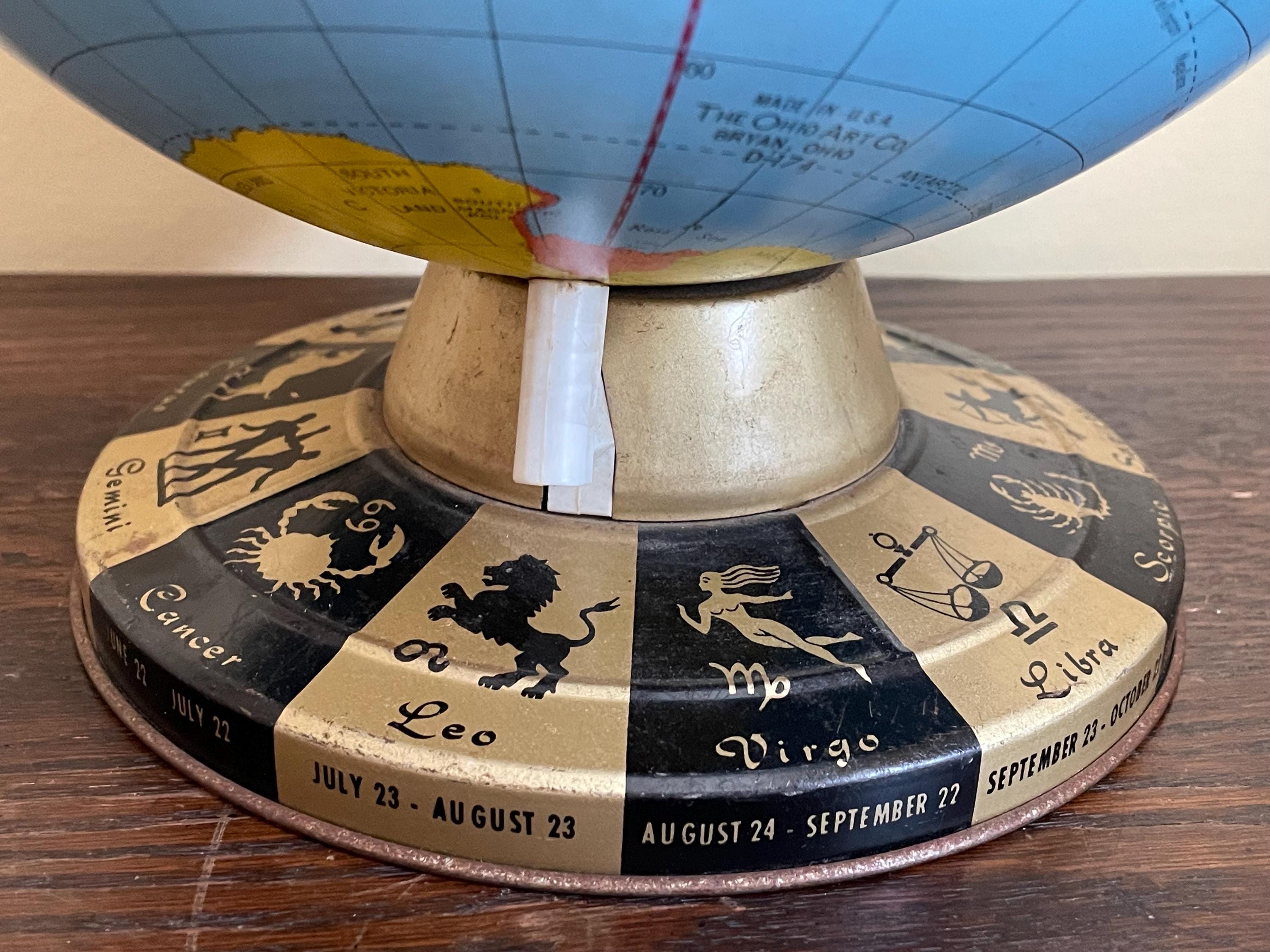 Vintage Ohio Art Metal Globe With Zodiac Signs Base - With Flight