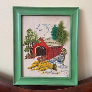 Vintage 1978 Covered Bridge Crewel Art  - 1970s Embroidery - Crewel in Frame - Crewel Art Retro - Retro Embroidery - Signed Needlework Art