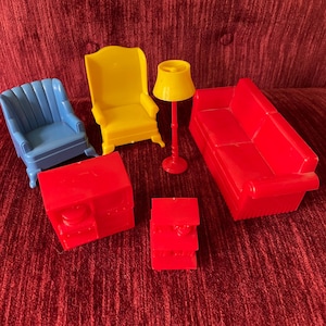 Vintage Primary Colors Living Room Dollhouse Furniture by Marx - Dollhouse Furniture Lot - Couch, Chairs, Lamp, Entertainment Center
