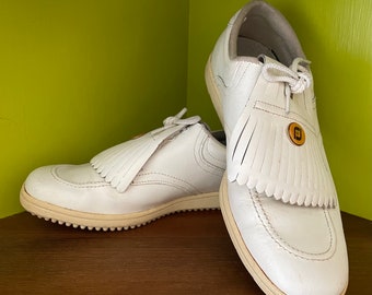 Vintage Soft-Joys II By Foot-Joy White Leather Golf Shoes - Ladies Size 6M - with Tee Holder - Fringe Shoe Kilts - Lace-Up Retro Golf Shoes
