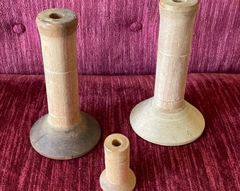 Three Empty Thread Bobbins - Empty Wood Thread Spools - Assemblage - Rustic Industrial Decor - 5.75” Wood Textile Spool Bobbin Empty