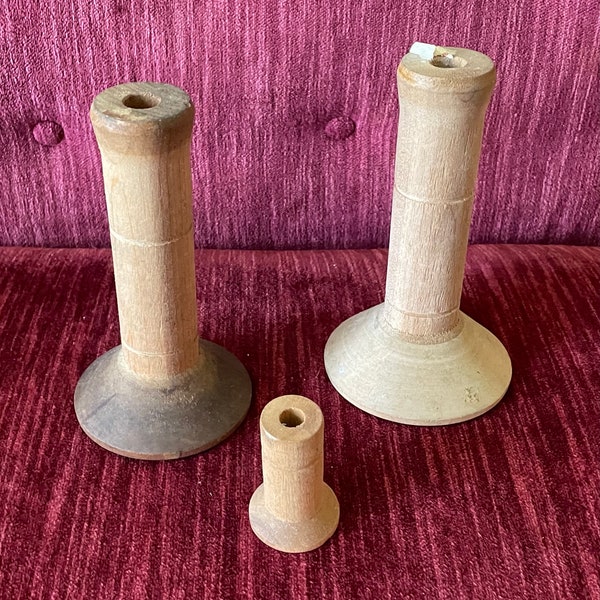 Three Empty Thread Bobbins - Empty Wood Thread Spools - Assemblage - Rustic Industrial Decor - 5.75” Wood Textile Spool Bobbin Empty