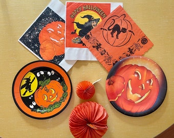 Fun Mix of Vintage Halloween Paper Decor - Napkins, Plates, Honeycomb Pumpkins - Small Shelf Decor Halloween - Vintage Pumpkin Decorations