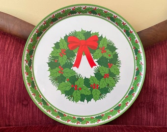 Vintage Hallmark Christmas Tree Wreath Tray - Round Metal Decorative Tray with Holly Leaves - 1980s Retro Christmas Decor