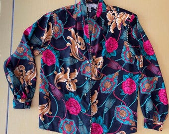 Vintage Laura & Jayne Petite Collection Jacket - Womens Size 8 - Gold Knot Buttons - Piping Detail - Black with Turquoise, Gold, Pink