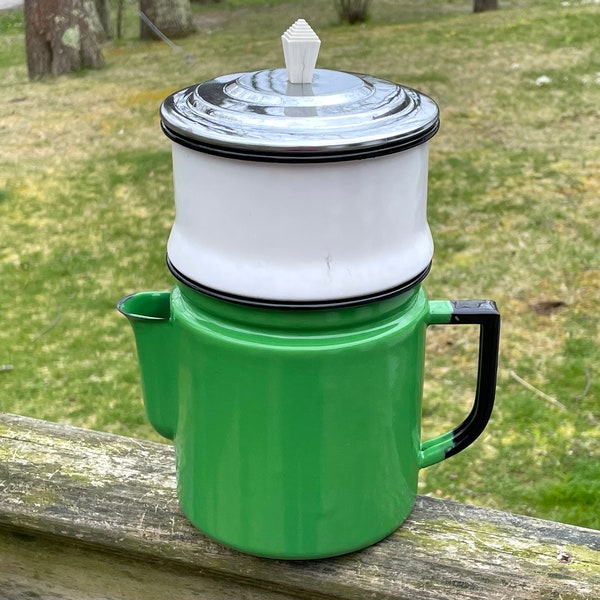 Vintage Enamel Drip Coffee Pot - Four Piece Metal Drip Coffeemaker - Green and White Retro Kitchen Decor - Six Cup Metal Strainer Coffee
