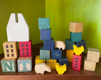Vintage Lot of 25 Wooden Blocks - Wood Pieces for Assemblage - Mixed Media Supplies - Letter Blocks Primary Colors