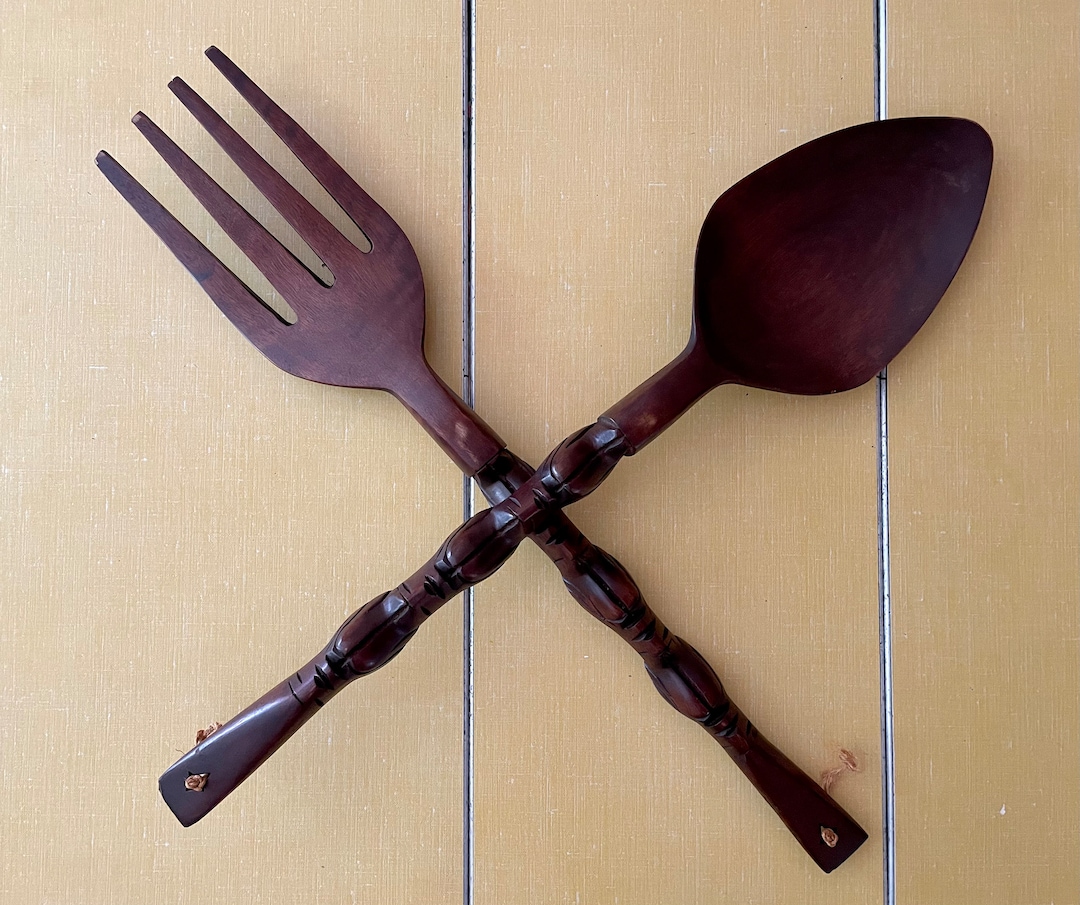 Vintage Giant Wooden Spoon and Fork Wall Decorations Dark Etsy