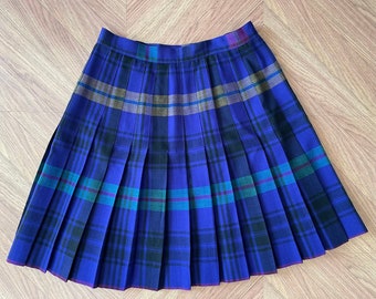 Vintage Pleated Wool Skirt - Plaid Skirt - School Uniform Skirt - Blue, Purple and Aqua - Side Zipper -  90s Fashion - 100% Wool - 28” Waist