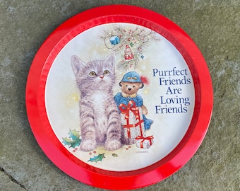 Vintage Giordano Christmas Kitten Tray - Christmas Tree Round Metal Decorative Tray with Cat  - Retro Christmas Decor - Red and White 1990s