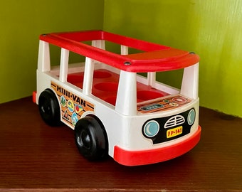 Vintage 1969 Fisher Price Mini Van - red and white little people bus - great lithos - bouncy bus FPLP - Five Seat Little People Bus