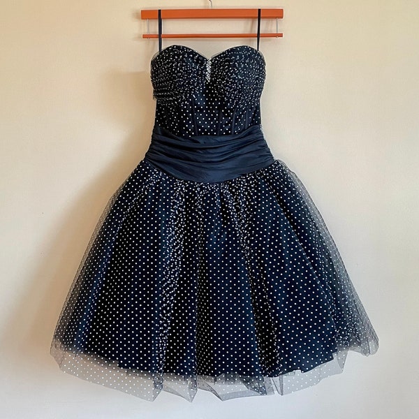 Vintage Night Moves Strapless Cocktail Dress - Black with White Polka Dots - Corset Bodice - Bead and Sequin Detail - Tulle Skirt - Size 4