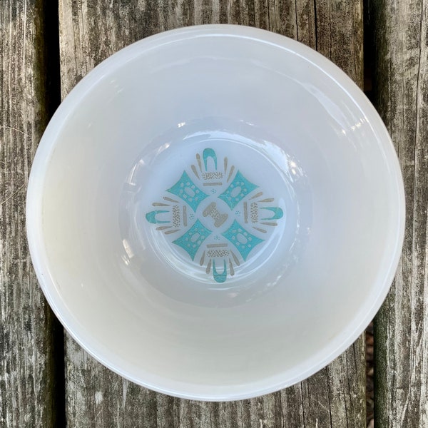 Vintage Anchor Hocking Fire-King Bowl with Blue and Grey Atomic Pattern - Milkglass Cereal Bowl - Blue Heaven Pattern - 5 Inch Bowl Retro