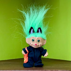 Vintage Russ Troll with Green Hair in Halloween Cat Costume - Retro Russ 3 Inch Troll - good luck troll - Toys of the 90s - Halloween Troll