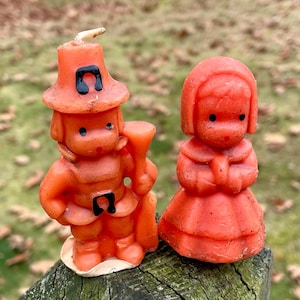 Set of Vintage Gurley Thanksgiving Pilgrim Candles -Orange Pilgrim Girl & Pilgrim Candles - Novelty Candles with Labels - Monochromatic