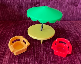 Vintage Fisher Price Patio Umbrella Table with Mixed Chairs - Green Umbrelka with Yellow Table - Vintage Little People Furniture