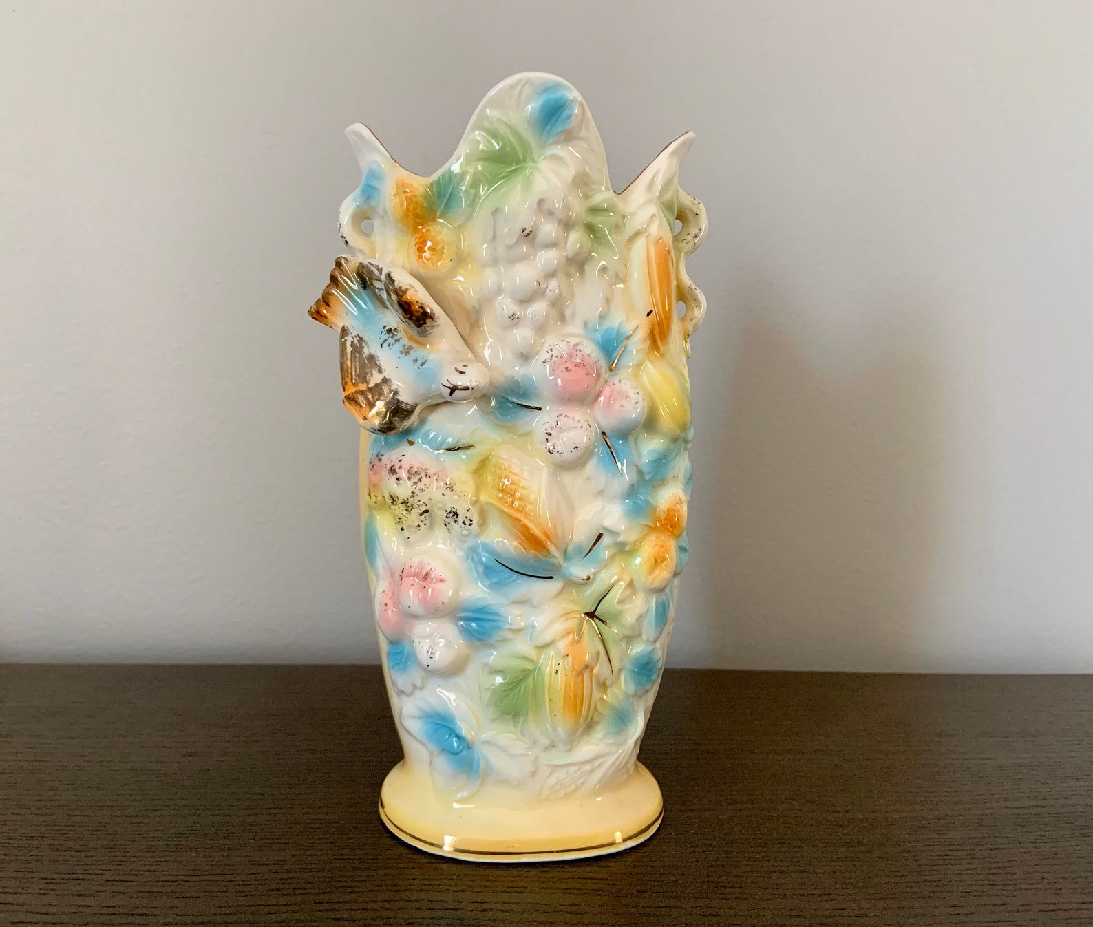 Vintage Betson Bird and Fruit Vase Pastel and Gold Hand Etsy