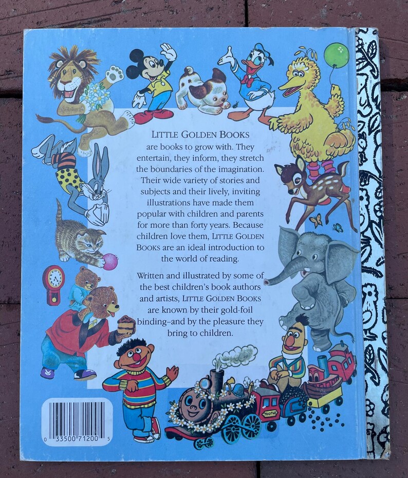 May include: Back cover of a Little Golden Book featuring colorful illustrations of cartoon characters like Mickey Mouse, Donald Duck, and Big Bird. The book's title and description are printed on a light blue background.