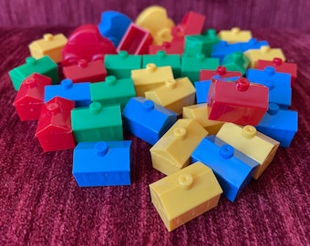 Lot of Monopoly Junior Houses - mixed media - assemblage - tiny houses - christmas village - Red, Yellow, Blue, Green - Plus 3 Car Tokens