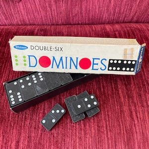 28 Vintage Wooden Whitman Dominoes in Box - vintage wood tile game - assemblage material - black dominos - Double-Six Dominoes - no. 4044