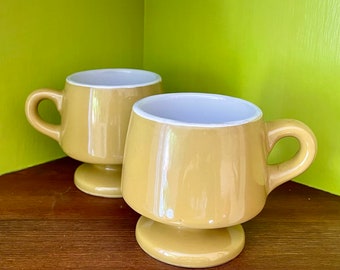 Set of 2 Vintage Independence Stoneware Footed Mugs - Japan - Mustard Yellow Retro Mug - Retro Drinkware - 1970s Kitchen Yellow and White