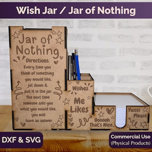 Jar of Nothing - Wish Jar with Pen Holder, Laser Cut Wooden Box, Gift Ideas Keeper, Unique Handmade Digital Template