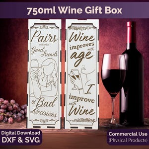 Laser Cut Wine Box Template with 4 Engraving Designs | Wine Gift Box SVG Digital Download | Laser Engraving Art for DIY Projects