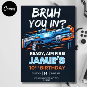 Convite de aniversário com pistola de dardos, tema de luta de blaster para qualquer idade, modelo editável, cartão digital, cartão de convite de aniversário para impressão, download instantâneo