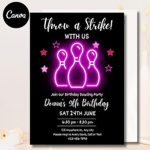 Glow Bowling Birthday Invitation: Neon Party, Editable Canva