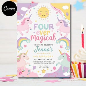 Unicorn 4th Birthday Invitation. Editable Rainbow Template. Magical Party Invite - Instant Download. Girl Pastel Design Four Ever Magical
