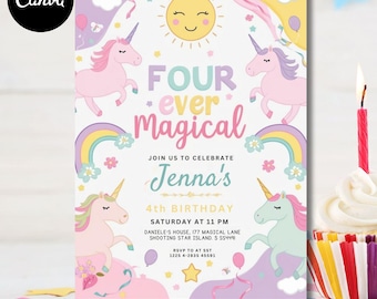 Unicorn 4th Birthday Invitation: Editable Rainbow Party Template (Instant Download)