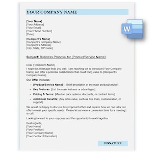 May include: A business proposal template in a Word document format. The template includes sections for your company name, contact information, recipient information, subject, and a detailed proposal outline.