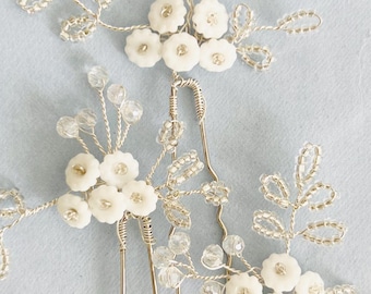 Baby&#39;s Breath Hair Pins, Bridal Hair Pins, Botanical Hair pins, Twigs, Silver and White Flower Pins