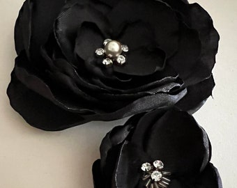 Black Satin Flower with rhinestone for dress sash clutch |Black Hair clip | Handmade Flower