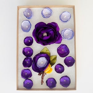 Box of Flowers - Purple Satin Flower | Boutonnière | tiny flowers - wedding, Bridal, Flower Girl, Prom FB-09