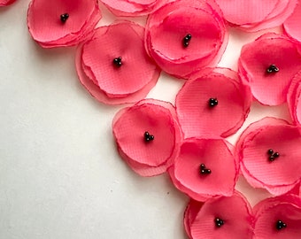 Coral red small flowers, chiffon flowers, craft projects, Spring, Summer wedding, appliqué, tiny flowers