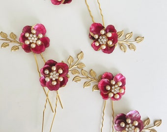 2 Rani Pink hand painted Flower Hair Pins | Bridesmaid Gift | Bridal Hair Pins | Birthday Hair Pins | Gold and Pearl flower pins -Style 39