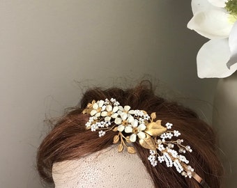 S A K H I - Garden Flowers headband | white and gold headband | fashion headband | brass flowers