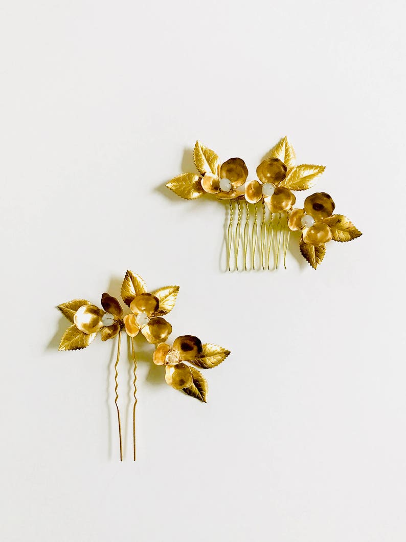 Padmini Golden Flowers Hair Comb Bridal Hair Comb Holiday Hair Comb 12 image 1