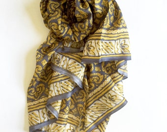 SALE - Yellow Charcoal | Pure Silk Sari Scarf | Clear blue colorful paisley print & Border | Soft and Elegant | Little Luxuries | Gift