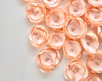 15 Peach flowers, tiny flowers, satin fabric flowers, handmade, bulk flowers, wedding flowers, appliques, craft projects F5