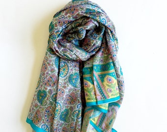 SALE - Fresh Blue | Pure Silk Scarf | Blue color paisley print & Border | Soft and Elegant | Little Luxuries | Gift for boss, gift for mom