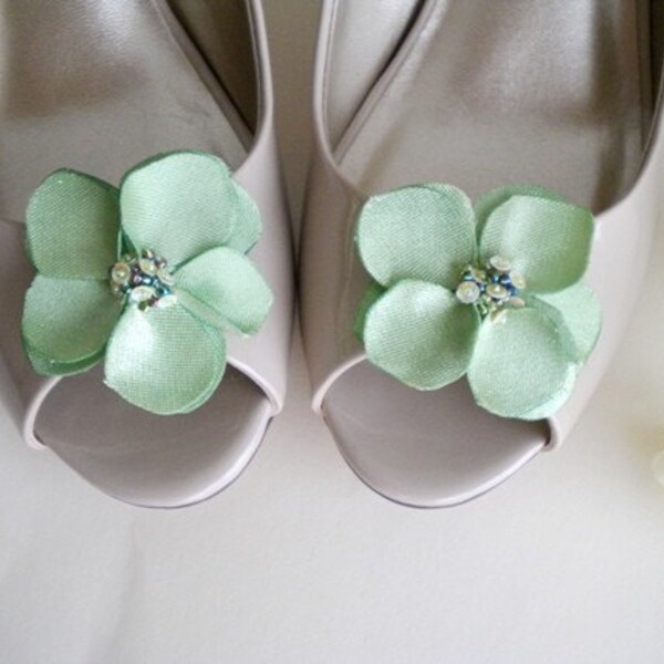 Stunning Mint Green Satin Flower Shoe clips handmade