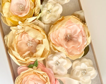 Box of Flowers - Pink Peach Yellow Creme Satin Silk Flowers | Dress sash | Flower girls | wedding | birthday theme party  - FB 11